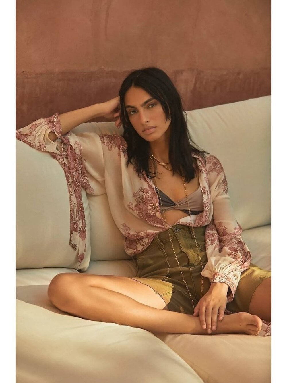 Anthropologie Sheer Ivory Rose Pink Floral Femme Blouse